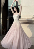 Ndyad Pink Purple Lace Tulle Spaghetti Strap A-Line Prom Dresses HZ1024