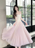 Ndyad Pink Purple Lace Tulle Spaghetti Strap A-Line Prom Dresses HZ1024