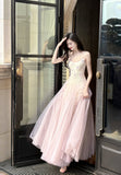 Ndyad Pink Purple Lace Tulle Spaghetti Strap A-Line Prom Dresses HZ1024