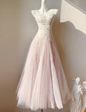 Ndyad Pink Purple Lace Tulle Spaghetti Strap A-Line Prom Dresses HZ1024