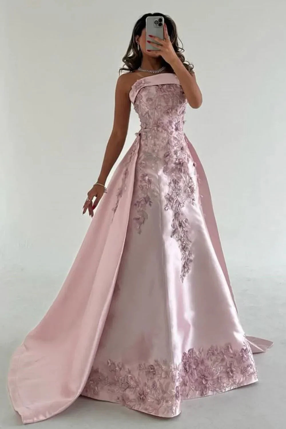 Ndyad Pink A-Line Strapless Satin Prom Dress with Appliques Train Evening Gowns HZ1024