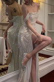 Ndyad A-Line Off the Shoulder Evening Gowns Silver Sequins Long Prom Dress with Split Front HZ1024