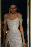 Ndyad A-Line Off the Shoulder Evening Gowns Silver Sequins Long Prom Dress with Split Front HZ1024