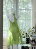 Ndyad Bud Green Sheath Short Prom Dresses Chiffon Beaded Backless Party Dress HZ1024