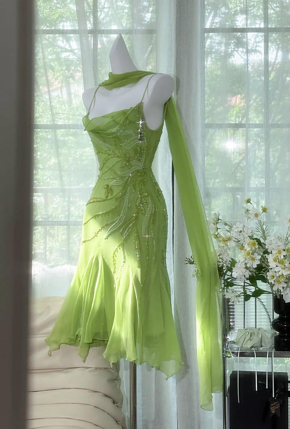 Ndyad Bud Green Sheath Short Prom Dresses Chiffon Beaded Backless Party Dress HZ1024