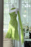 Ndyad Bud Green Sheath Short Prom Dresses Chiffon Beaded Backless Party Dress HZ1024