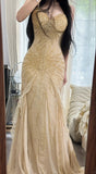Ndyad Spaghetti Straps Beaded Chiffon Mermaid Prom Dresses Vintage Evening Gowns HZ1024