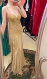 Ndyad Spaghetti Straps Beaded Chiffon Mermaid Prom Dresses Vintage Evening Gowns HZ1024