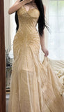 Ndyad Spaghetti Straps Beaded Chiffon Mermaid Prom Dresses Vintage Evening Gowns HZ1024