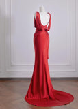 Ndyad Red Satin Mermaid Open Back Long Prom Dresses Elegant Evening Gowns HZ1024