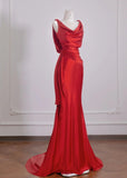 Ndyad Red Satin Mermaid Open Back Long Prom Dresses Elegant Evening Gowns HZ1024