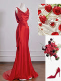 Ndyad Red Satin Mermaid Open Back Long Prom Dresses Elegant Evening Gowns HZ1024