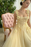Ndyad Butter Yellow Square Neck Tulle Applique A-Line Long Prom Dresses Formal Evening Gowns HZ1024