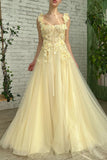 Ndyad Butter Yellow Square Neck Tulle Applique A-Line Long Prom Dresses Formal Evening Gowns HZ1024