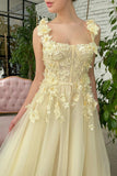 Ndyad Butter Yellow Square Neck Tulle Applique A-Line Long Prom Dresses Formal Evening Gowns HZ1024