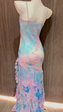 Ndyad Colorful Spaghetti Straps Chiffon Beaded Sheath Long Prom Dresses Stunning Evening Gowns HZ1024