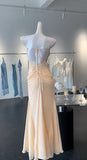 Ndyad Light Champagne Sweetheart Neck Chiffon Open Back Sheath Long Prom Dresses Formal Evening Gowns HZ1024