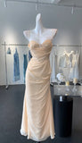 Ndyad Light Champagne Sweetheart Neck Chiffon Open Back Sheath Long Prom Dresses Formal Evening Gowns HZ1024