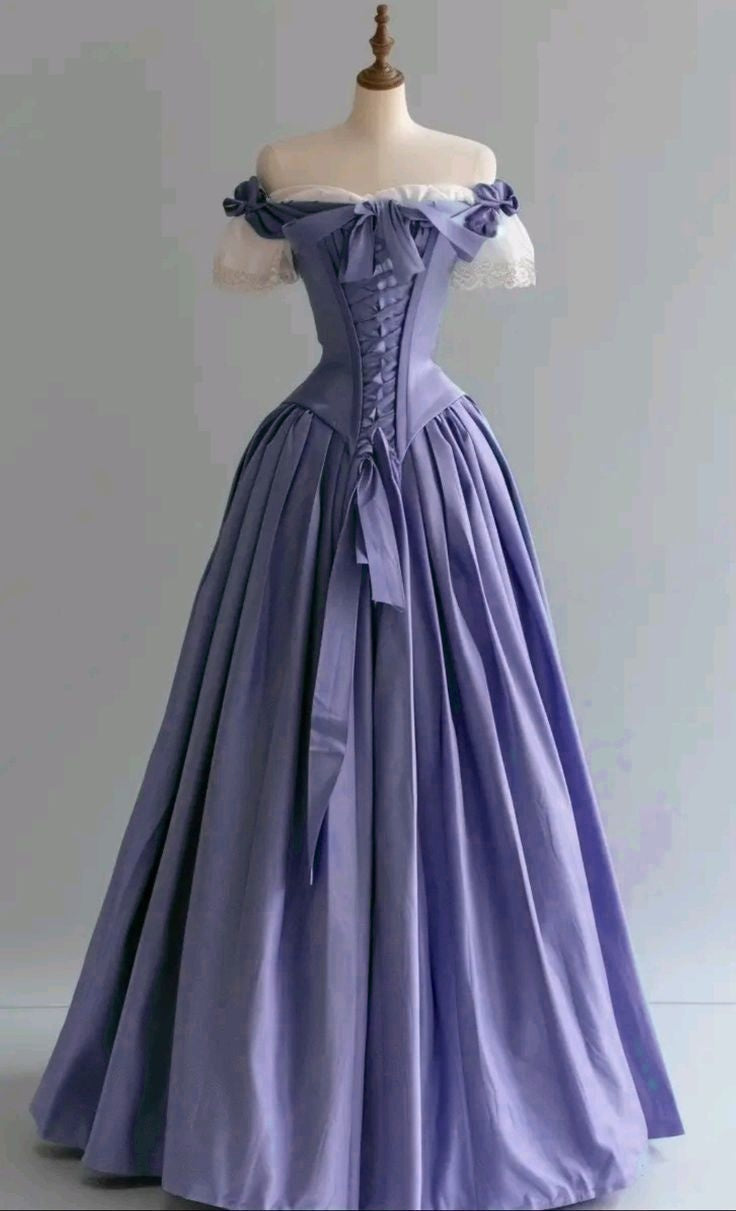 Ndyad Blue Palace Style Satin A-Line Long Prom Dresses Formal Off-the-shoulder Evening Gowns HZ1024