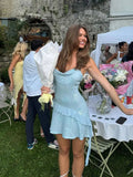 Ndyad Blue Sheath Spaghetti Strap Short Outdoor Party Outfit Summer Birthday Dresses HZ1024
