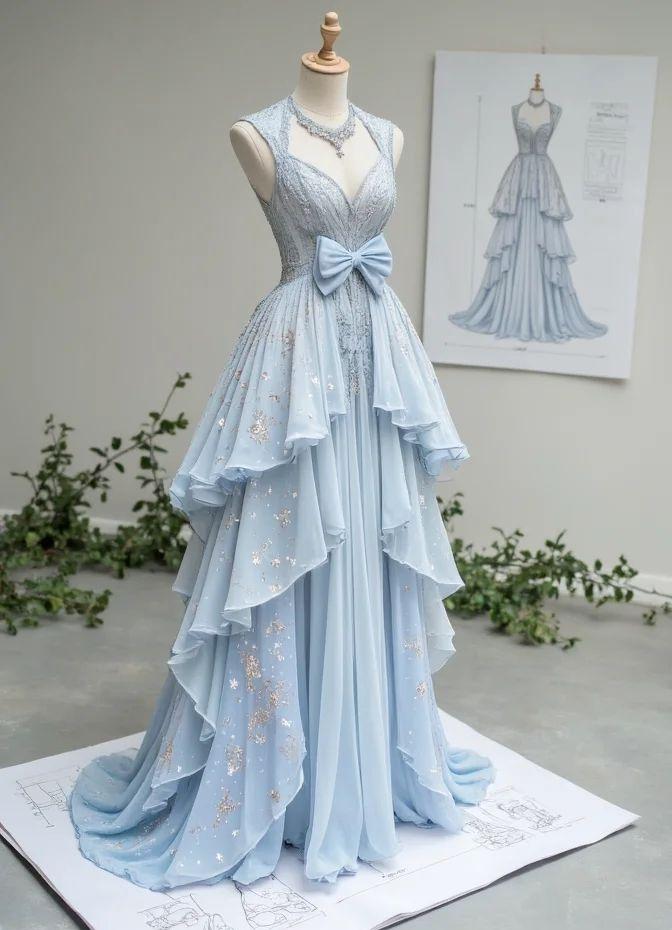 Ndyad Light Blue V-Neck Chiffon A-Line Sequins Long Prom Dresses Formal Evening Gowns HZ1024