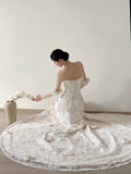 Ndyad White Strapless Lace Applique A-Line Wedding Dress HZ1024
