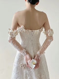 Ndyad White Strapless Lace Applique A-Line Wedding Dress HZ1024