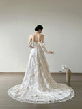 Ndyad White Strapless Lace Applique A-Line Wedding Dress HZ1024