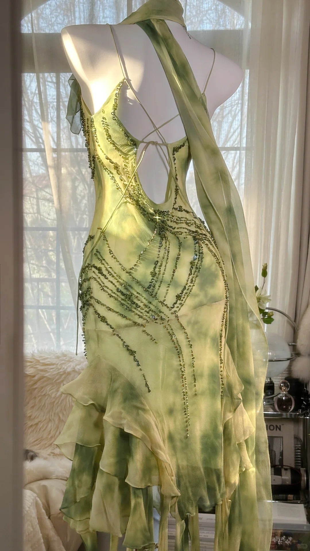 Ndyad Green Spaghetti Straps Sheath Party Dresses Chiffon Beaded Short Y2K Prom Dresses HZ1024