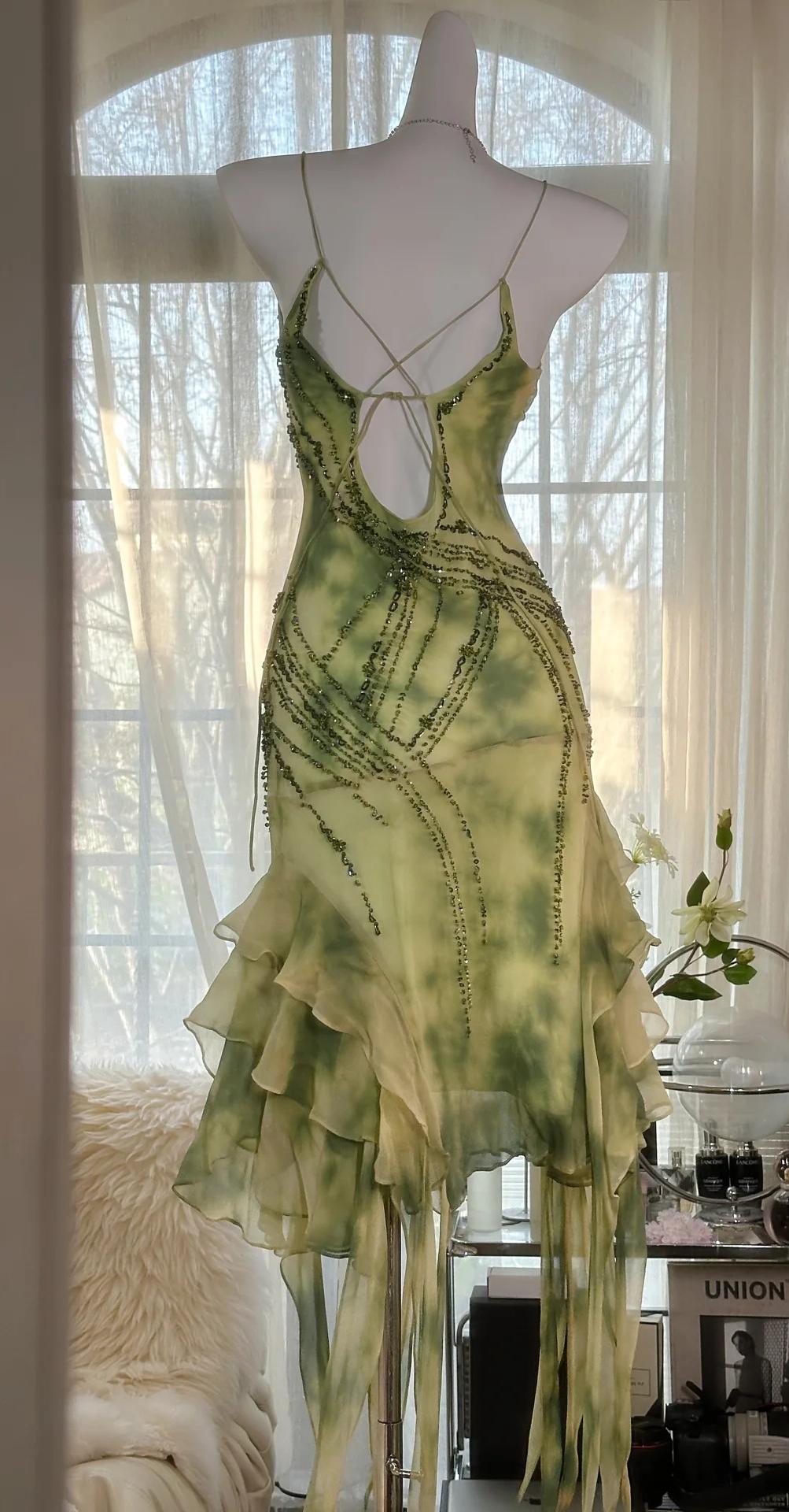 Ndyad Green Spaghetti Straps Sheath Party Dresses Chiffon Beaded Short Y2K Prom Dresses HZ1024