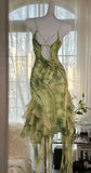 Ndyad Green Spaghetti Straps Sheath Party Dresses Chiffon Beaded Short Y2K Prom Dresses HZ1024