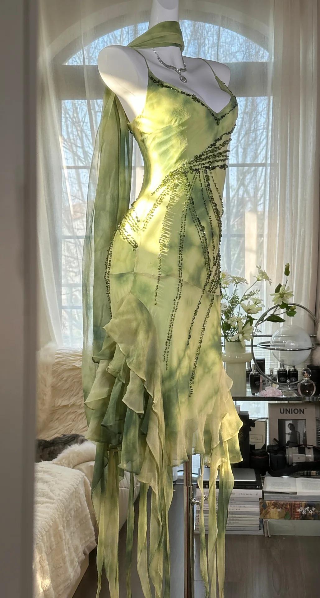 Ndyad Green Spaghetti Straps Sheath Party Dresses Chiffon Beaded Short Y2K Prom Dresses HZ1024