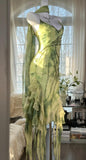 Ndyad Green Spaghetti Straps Sheath Party Dresses Chiffon Beaded Short Y2K Prom Dresses HZ1024