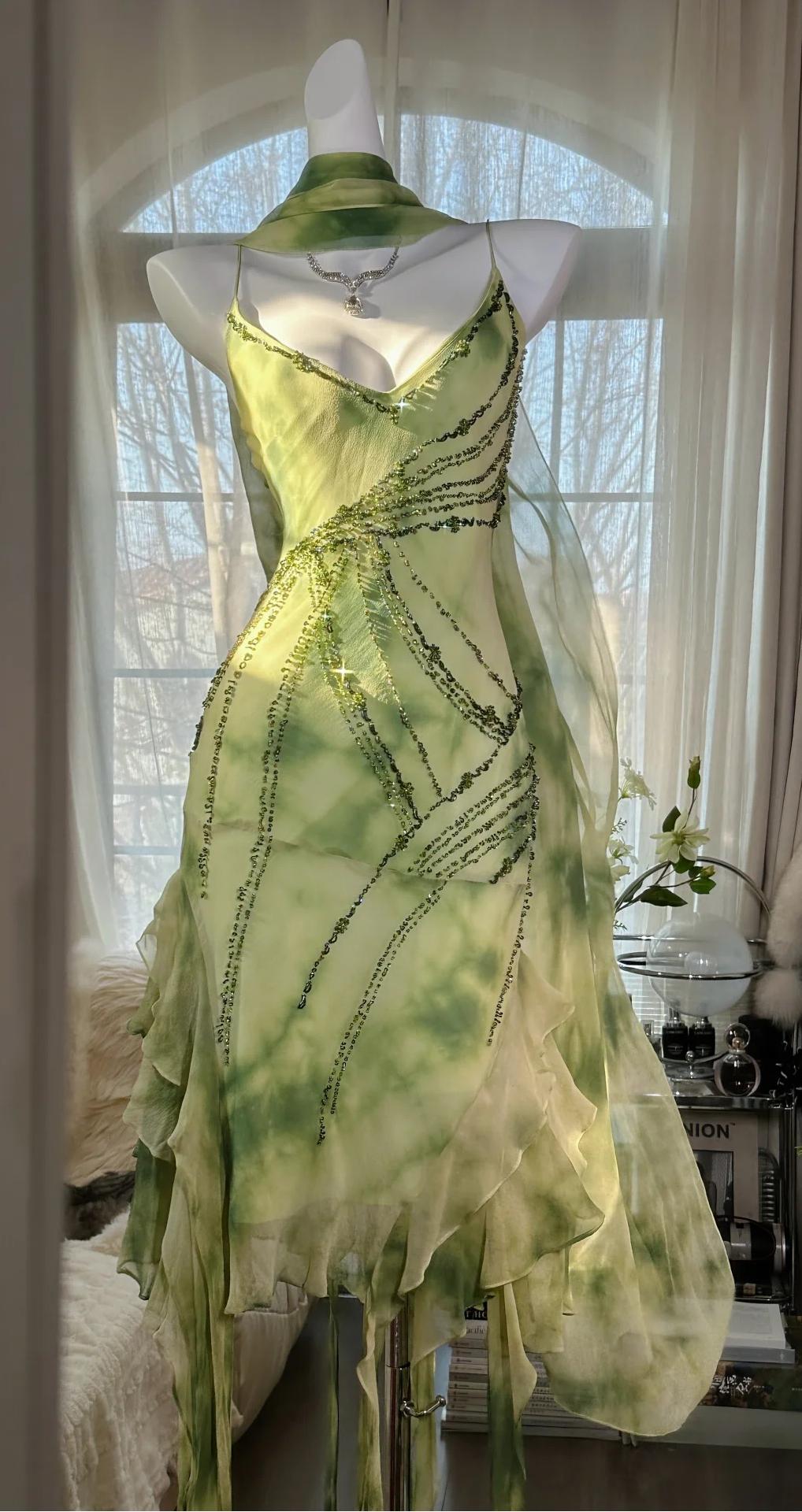 Ndyad Green Spaghetti Straps Sheath Party Dresses Chiffon Beaded Short Y2K Prom Dresses HZ1024