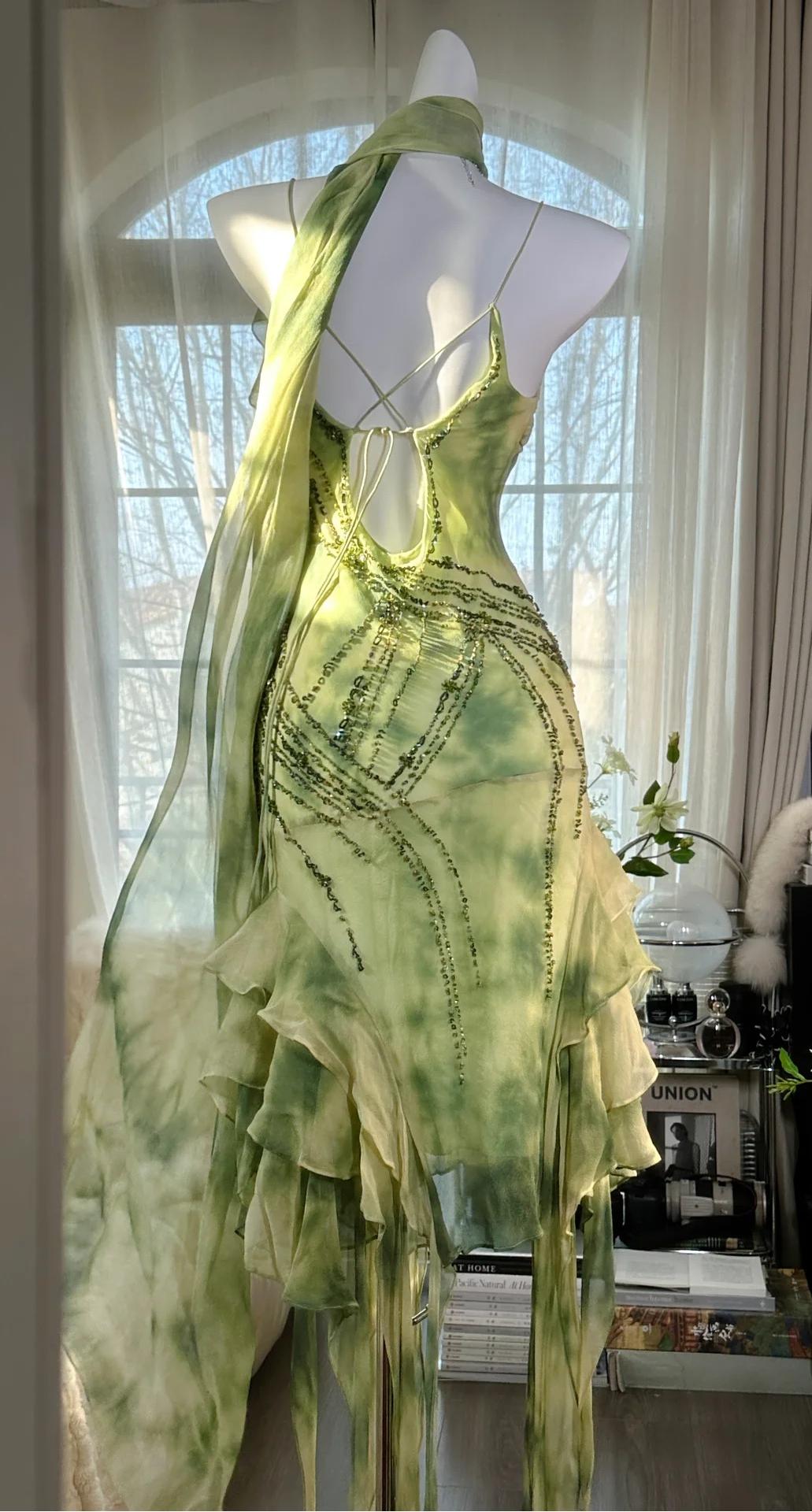 Ndyad Green Spaghetti Straps Sheath Party Dresses Chiffon Beaded Short Y2K Prom Dresses HZ1024