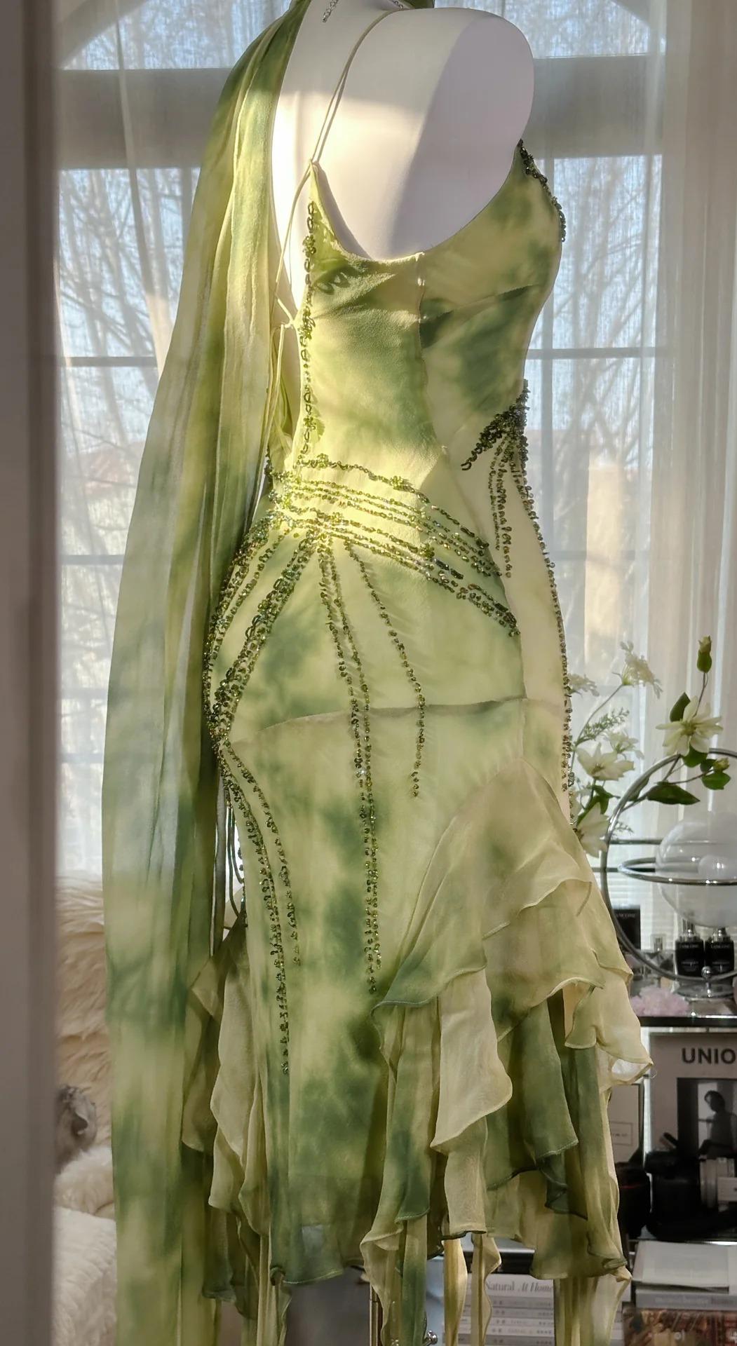 Ndyad Green Spaghetti Straps Sheath Party Dresses Chiffon Beaded Short Y2K Prom Dresses HZ1024