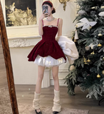 Ndyad Red Velvet A-Line Strapless Homecoming Dress Tulle Two-Piece Short Prom Dresses with Bow HZ1024