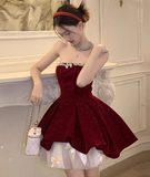 Ndyad Red Velvet A-Line Strapless Homecoming Dress Tulle Two-Piece Short Prom Dresses with Bow HZ1024