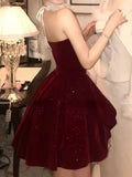 Ndyad Red Velvet A-Line Strapless Homecoming Dress Tulle Two-Piece Short Prom Dresses with Bow HZ1024
