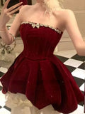 Ndyad Red Velvet A-Line Strapless Homecoming Dress Tulle Two-Piece Short Prom Dresses with Bow HZ1024
