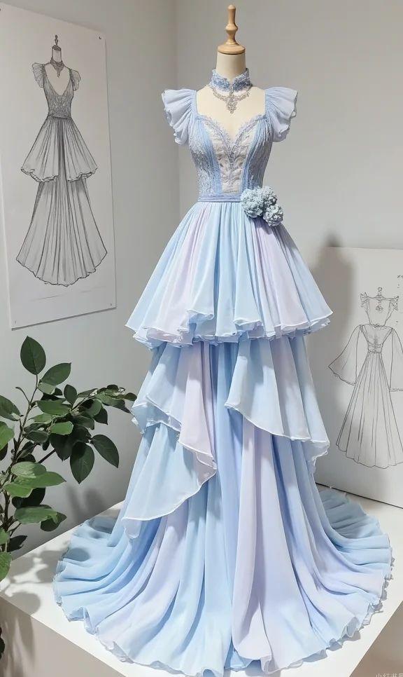 Ndyad Gradient V-neck A-Line Chiffon Long Prom Dresses Formal Evening Gowns HZ1024