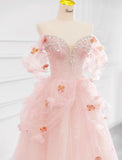 Ndyad Pink Off-the-shoulder A-Line Tulle Wedding Dress HZ1024