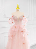 Ndyad Pink Off-the-shoulder A-Line Tulle Wedding Dress HZ1024