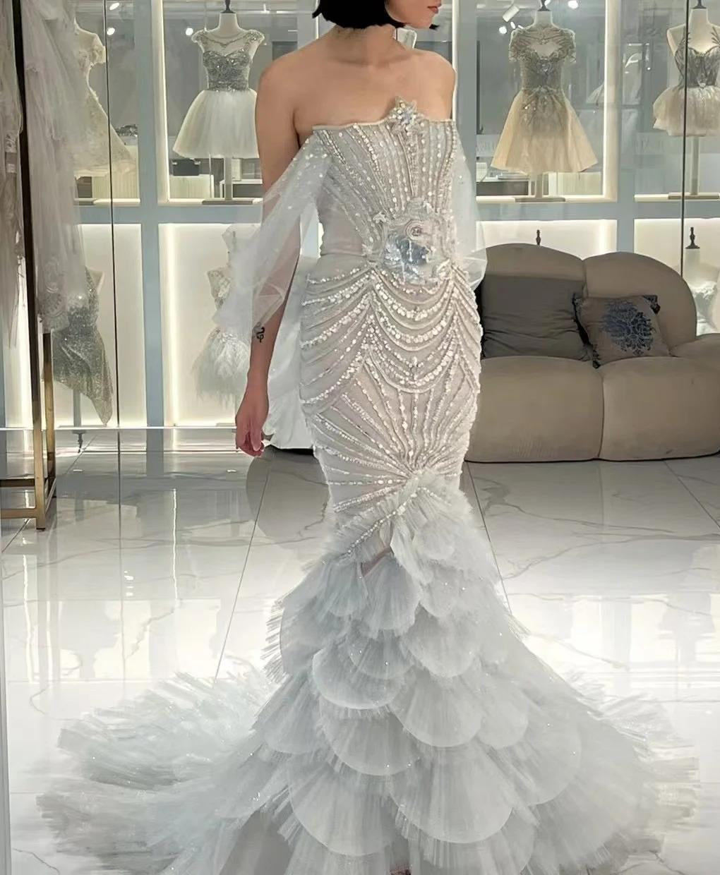 Ndyad Grey Strapless Mermaid Tulle Beaded Gorgeous Train Wedding Dress HZ1024