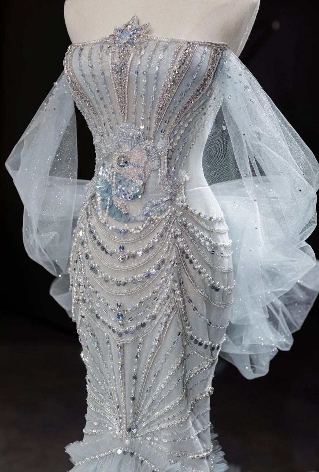 Ndyad Grey Strapless Mermaid Tulle Beaded Gorgeous Train Wedding Dress HZ1024