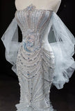 Ndyad Grey Strapless Mermaid Tulle Beaded Gorgeous Train Wedding Dress HZ1024