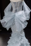 Ndyad Grey Strapless Mermaid Tulle Beaded Gorgeous Train Wedding Dress HZ1024