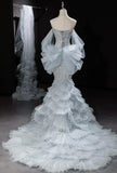 Ndyad Grey Strapless Mermaid Tulle Beaded Gorgeous Train Wedding Dress HZ1024