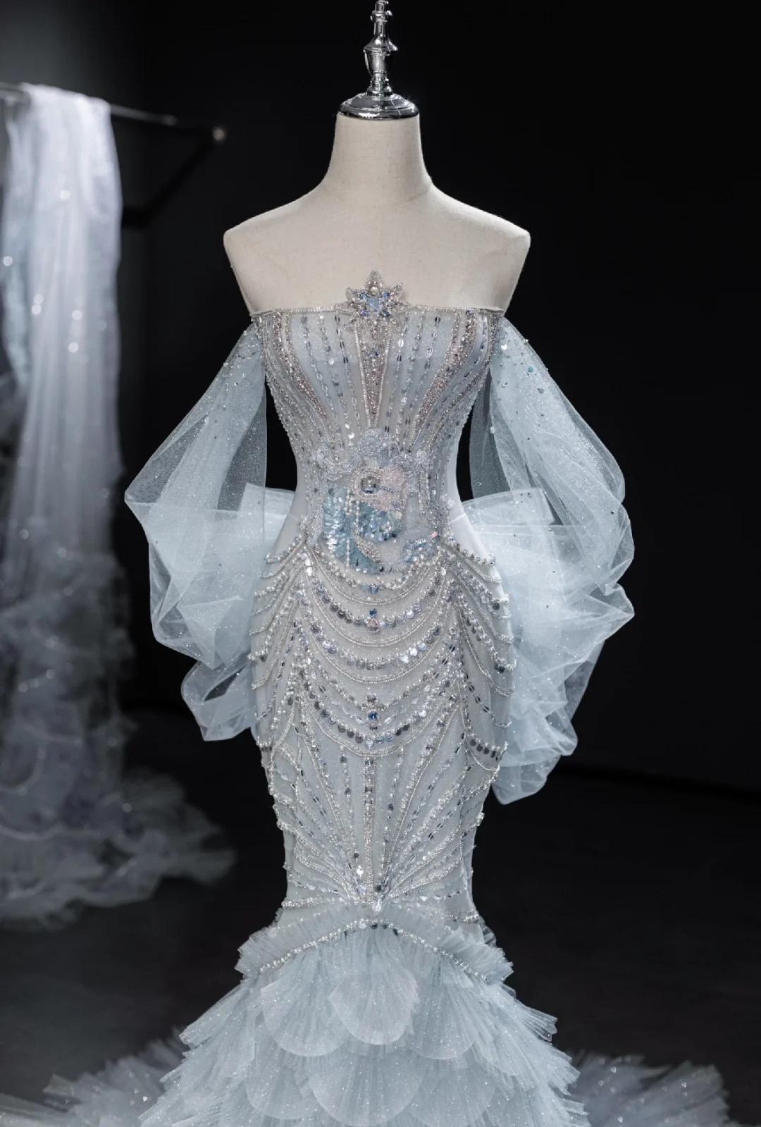Ndyad Grey Strapless Mermaid Tulle Beaded Gorgeous Train Wedding Dress HZ1024