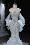Ndyad Grey Strapless Mermaid Tulle Beaded Gorgeous Train Wedding Dress HZ1024